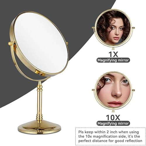 DOWRY Makeup Mirror 10x Magnification Vanity Mirror Tabletop Two-Sided Swivel Gifts for Women Wife Mom Teengirls Gold Finish(10X) thumbnail 4