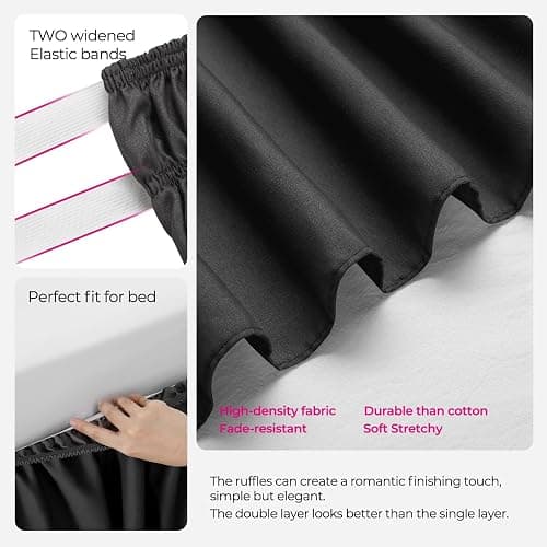 RIMELA Queen Size Ruffle Bed Skirt 16 Inch Drop - Black Double Layered Wrap Around Dust Ruffle, Romantic Cute Design Bedskirt with High-Density Fabric, Soft Stretchy, Easy Install for Queen Bed thumbnail 4