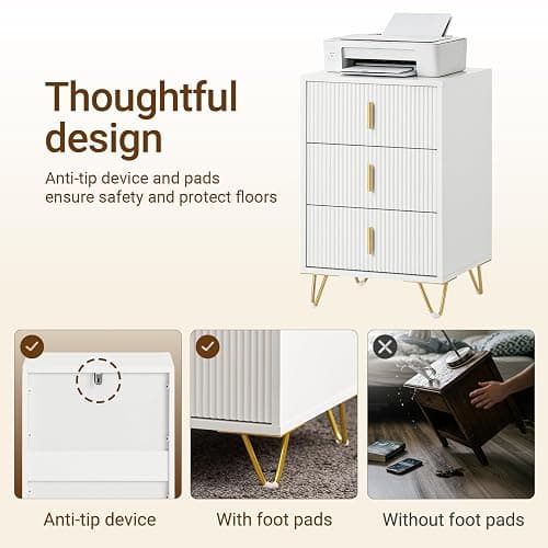 SoBuy Bedside Table 40cm Wide with 3 Drawers & Elegant Gold Handles Bedroom | Wooden metal nightstand with anti-tip device & protective foot pads, modern gold white design, 40x40x63.5 cm, FBT115-L-W thumbnail 7