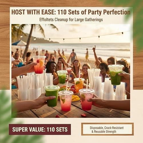 Voatree 110 Pack 16 oz Disposable Clear Plastic Cups with Lids and Straws | To Go,BPA-Free,Heavy Duty,Leak-Resistant,for Iced Coffee,Cold Drink,Smoothie,Matcha,Juice,Dirty Soda,Party,Medium Size,Bulk thumbnail 6