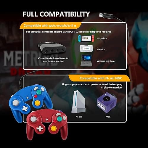 FIOTOK Gamecube Controller, Classic Wired Controller for Wii Nintendo Gamecube (Blue & Red-2Pack) thumbnail 3
