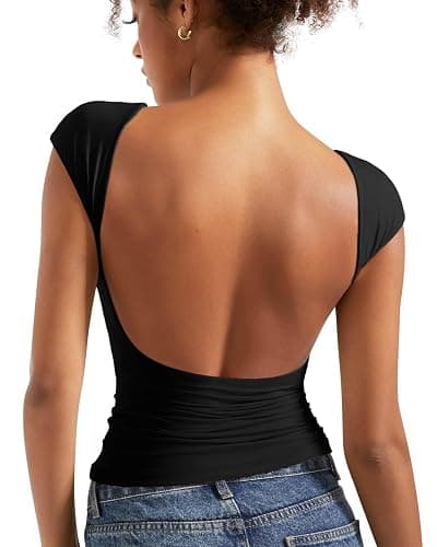 SUUKSESS Women Backless Sexy Going Out Tops Double Lined Open Back Y2k Basic Tee Shirts - Image 1