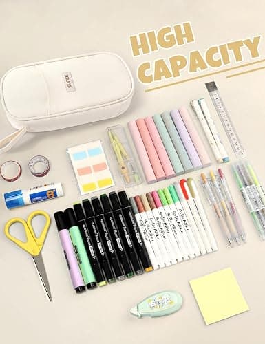 SUNEE Cute Pencil Case, Aesthetic Pen Pouch, Colored Large Pencil Bag with Zipper, Kawaii Stationery Storage and Organizer, School Supplies for Teen and Adult Girls, Beige thumbnail 2