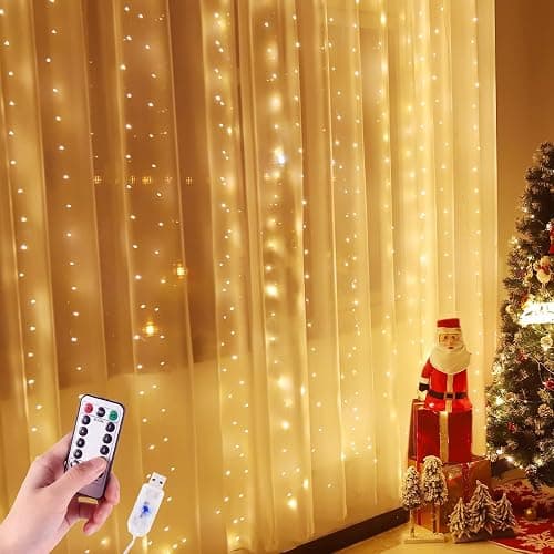 Fairy Lights for Bedroom, 300 LEDs Curtain Lights for Room Decor 8 Modes Christmas String Lights USB Powered Wall Hanging Twinkle with Remote Control for Wedding Party Backdrop Decor Warm - Image 1