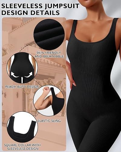 AURUZA Jumpsuit for Women Workout Seamless Jumpsuits Yoga Ribbed One Piece Tank Tops Rompers Sleeveless Exercise Jumpsuits thumbnail 2