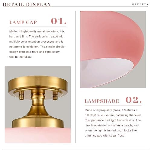 Qepeety Pink Glass Ceiling Light Fixture, Blush Retro Flush Mount for Girls Room Nursery, Bedroom, 15.74 Inch Vintage Ceiling Light with Gold Metal Base, E26 Socket (Bulb Not Included) thumbnail 6
