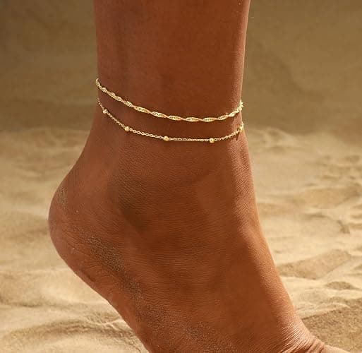 2/3 PCS Gold Anklets for Women Waterproof Cuban Link Anklet Beaded Bracelets Stackable Bracelets 14K Gold Plated Custom Jewelry Gifts Non Tarnish Lightweight thumbnail 2