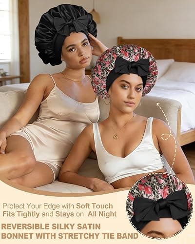 AWAYTR Double Layer Satin Bonnet for Women, Reversible Sleep Hair Wrap | Soft Satin Sleep Cap for Curly Hair, Anti-Frizz & Moisture Retention, Secure Elastic Tie Band for Daily Night Care thumbnail 2