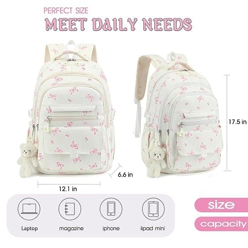PRLINJSK Girls Backpack for College High Middle School Student, Cute Aesthetic Bookbag for Teens Women with Accessories, Beige Bow thumbnail 3