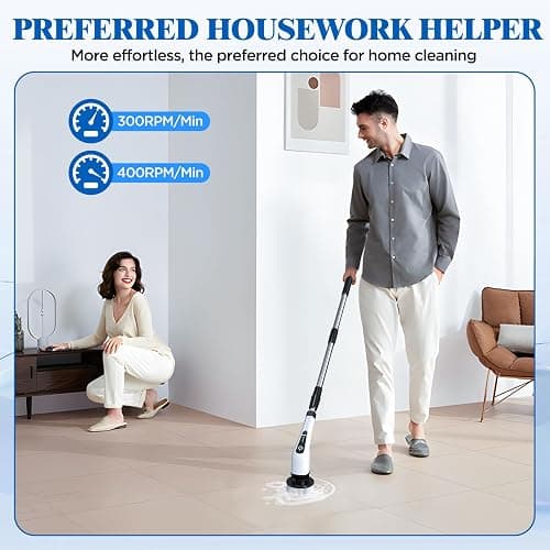 Electric Spin Scrubber, Cordless Bath Tub Power Scrubber with 8 Replaceable Drill Brush Heads, Shower Cleaning Brush with Adjustable Handle for Bathroom, Tile Floor & Car, White, (ANS-8050) thumbnail 5