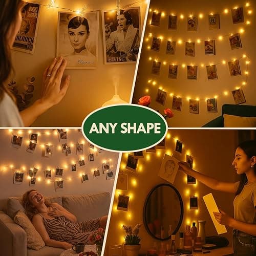 Photo String Lights with Clips for Hanging: 33Ft 100LED & Timer Fairy Light with 50 Clear Clip for Picture Display - Indoor Bedroom Room Dorm Wall Decor - Christmas Party Wedding Romantic Lighting - Warm White - Battery Powered-100LED thumbnail 2