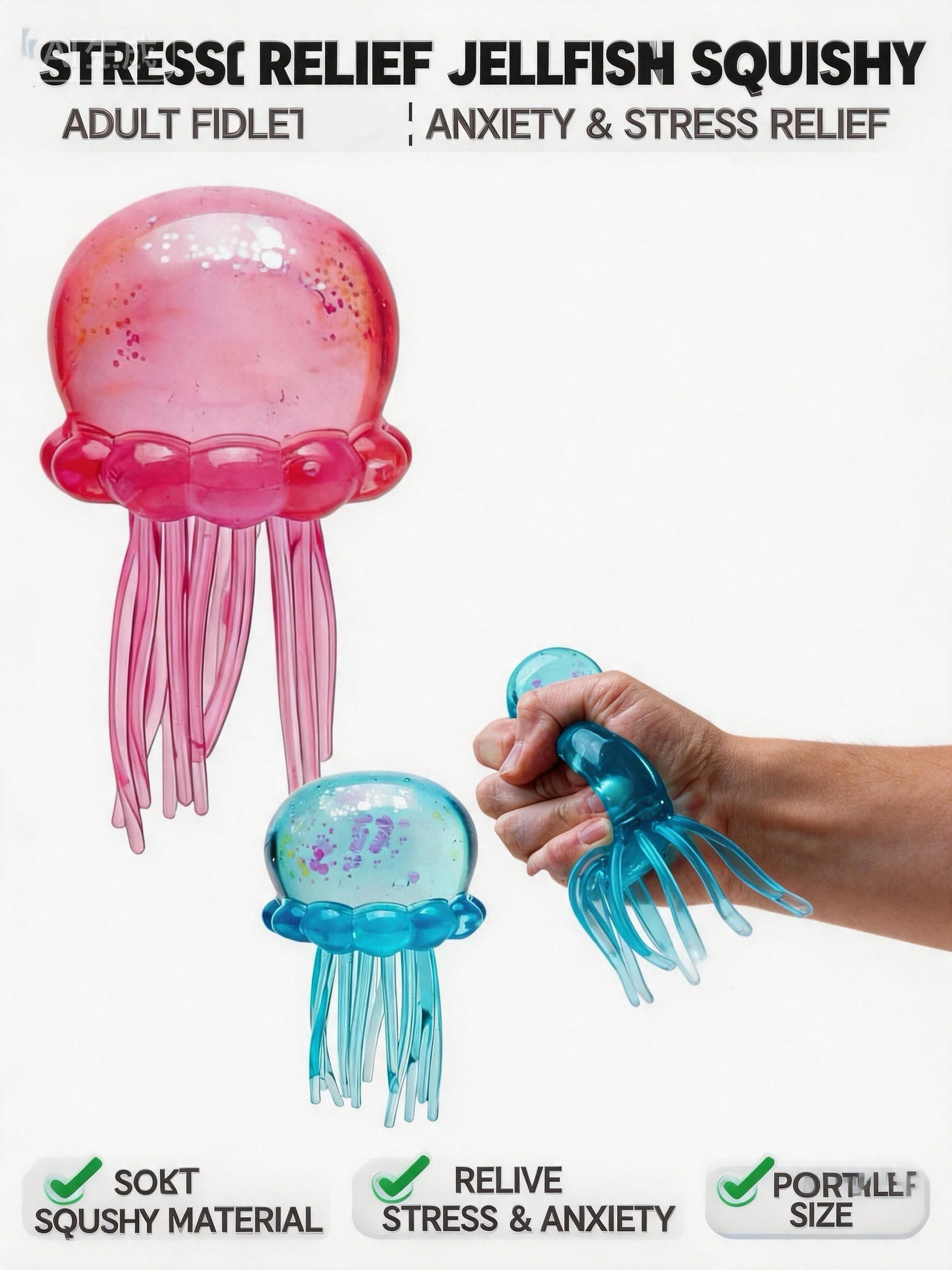 Jellyfish Squishy, Jellyfish Design Squeeze Stress Ball,Fidget Stress Ball, Ice Squeeze Cube-Drop Malt Sugar Balls Sensory for Anxiety Stress Easter Party Favors (Blue) thumbnail 3