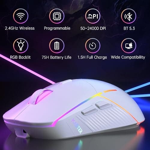FFJ Wireless Gaming Mouse, 24000 DPI, Tri-Mode 2.4G/USB-C/Bluetooth 5.3 Gaming Mouse Wireless, RGB Programmable Mouse Gamer, 75Hrs Battery Life, Rechargeable Gaming Mice for PC, Mac, PS5, Xbox - White thumbnail 2