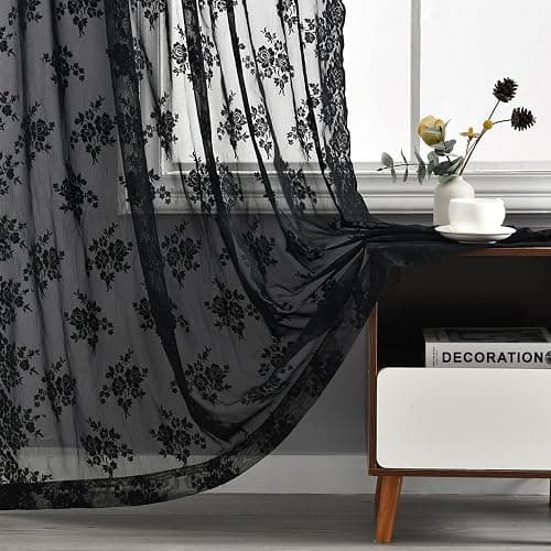 Kotile Black Lace Curtains 84 Inches Long - Vintage Floral Black Sheer Curtains 2 Panels, Gothic Sheer Lace Curtains for Living Room, Rod Pocket Privacy Sheer Window Curtain, 52 x 84 Inch - Image 1