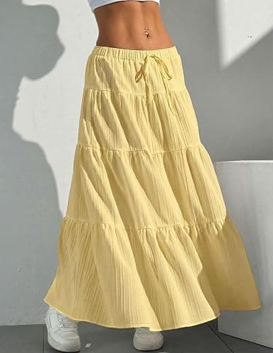 DERAX Women's Boho Flowy White Maxi Skirt Ruffle Elastic Waist Long Skirts | Flared, Summer, A Line, High Waisted, 2026 Spring, Fall, Drawstring, Casual, Beach, Vacation, Midi Skirt with Lining thumbnail 5
