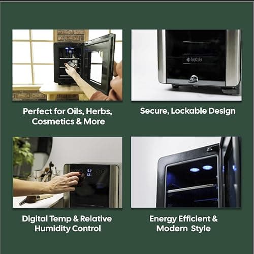 Terpkooler Essential Cooler Compact Portable Mini Fridge with Temp & Humidity Control, 3 USB Ports, Smoked Glass Shelves, Lockable UV Glass Door for Herbs, Oils, Cosmetics, and More thumbnail 7