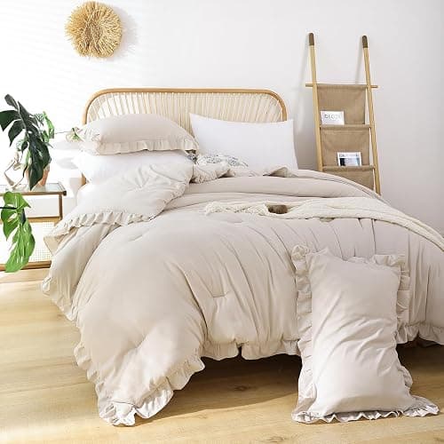 YIKUSH Ruffle Comforter Set Queen Size – Beige Soft Tufted Queen Bedding Set for All Seasons, Fluffy Shabby Chic Bed Set with 2 Pillowcases thumbnail 6