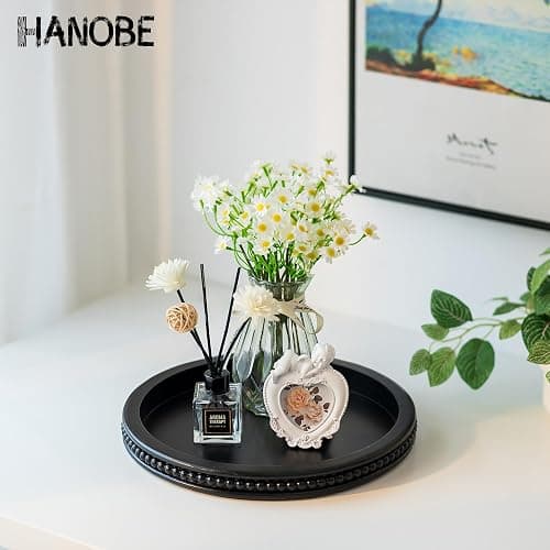 Hanobe Decorative Serving Tray Wood: Black Bead Round Tray for Coffee Table Rustic Wooden Trays Decor Farmhouse Kitchen Counter Circle Tray Vintage Centerpiece for Living Room Home Organizer thumbnail 2