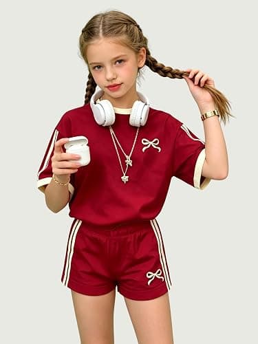 KIDLAGA Girls Shorts Sets 2 Pieces Outfits Bow/Cherry T-Shirt & Plaid Shorts Girls Summer Short Set 6-14Y thumbnail 5