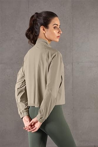 altiland Women's Athletic Running Yoga Gym Track Zip Up Cropped Jackets UPF 50+ Sun Protection Long Sleeve Workout Shirts - Gravel - Medium thumbnail 2
