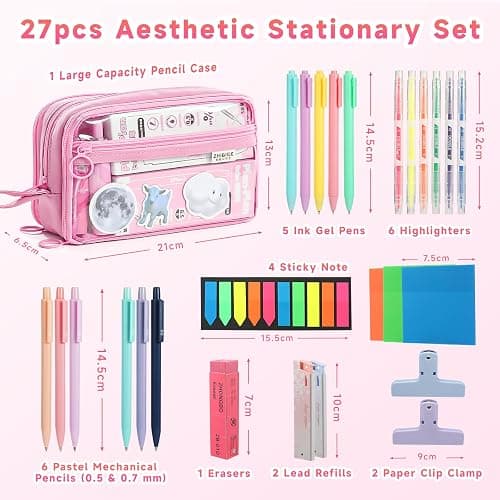 MeCids Aesthetic School Supplies with Large Capacity Pencil Case Set - 6 Highlighters, 5 Ink Gel Pens, 6 Pastel Mechanical Pencils and Lead Refills Eraser Sticky Note Paper Clip Clamp (27pcs) thumbnail 2