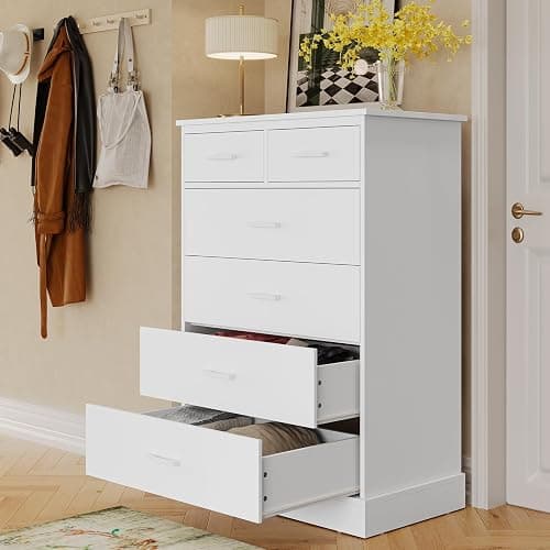 Hasuit White Dresser for Bedroom, 6 Drawers Wood Storage Tower Clothes Organizer, Chest of 6 Drawers, Large Capacity Storage Cabinet, Tall Dresser for Bedroom, Hallway, Entryway - Image 1