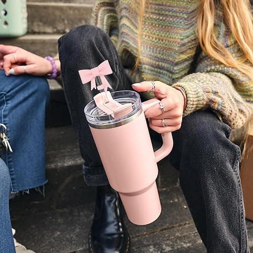 Hpebl 4Pcs Pink Bow Straw Toppers Covers Glitter Stanley Cup Accessories | Dust-Proof Silicone Bow Straw Covers Toppers for Stanley Cups 40/30oz, Shiny Pink Reusable Straws Caps Tips for Tumbler thumbnail 2