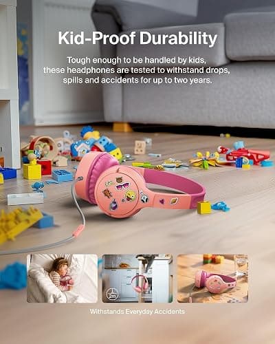 Belkin SoundForm Mini Kids Wired Headphones w/USB C to 3.5mm Dongle, Built-in Mic & Fun Stickers, 85dB Max Volume – for Online Learning, Travel, Compatible w/iPhone 16, iPad, Galaxy S25, etc - Pink thumbnail 5