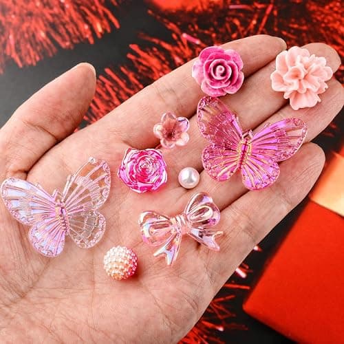 Kikonoke 350 Pieces 3D Resin ABS Colorful Rose Flower Bows Butterfly Charms with Flatback Half Round Pearl Beads for Bracelet Earring Necklace Craft DIY Making Supplies thumbnail 6