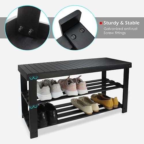 SMIBUY Bamboo Shoe Rack Bench, 3-Tier Shoe Organizer Storage Shelf for Entryway Hallway Bathroom Living Room (Black) - 33.86 x 11.23 x 17.9 inches - Black thumbnail 6