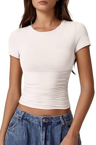 QINSEN Short Sleeve Shirts for Women Round Neck Basic Double Lined Tees Fitted Y2k Crop Tops - Image 1