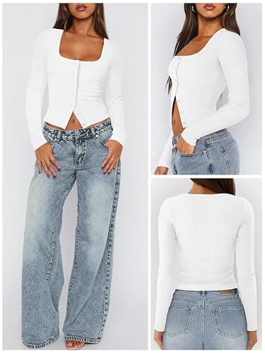 Pungdra Womens Button Up Tops for Women Knit Ribbed Fitted Button Down Cardigan Long Sleeve Going Out Tops Fall Clothes thumbnail 2