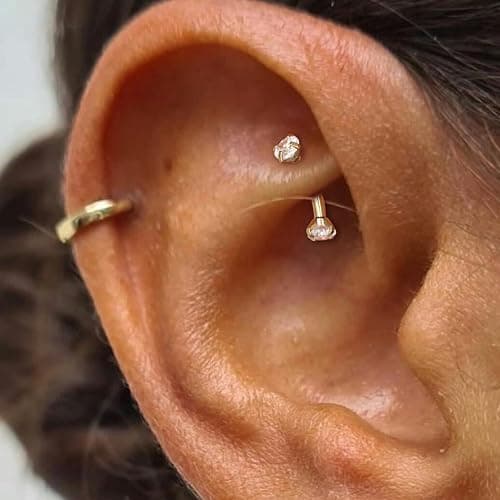 ALACLO 2 Pcs 14k Gold Filled Eyebrow Rings, 16G Threaded Rook Piercing Jewelry, Surgical Steel Vertical Lip Labret Belly Tongue Ring Daith Earring Curved Barbells thumbnail 2