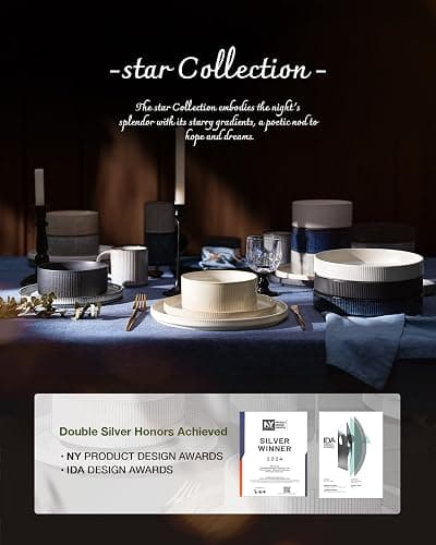 famiware Star Dinnerware Set, Plates and Bowls Sets for 4 (12pcs), Ribbed Stoneware Dishes - Chip & Scratch Resistant, Microwave & Dishwasher Safe Tableware, White thumbnail 8