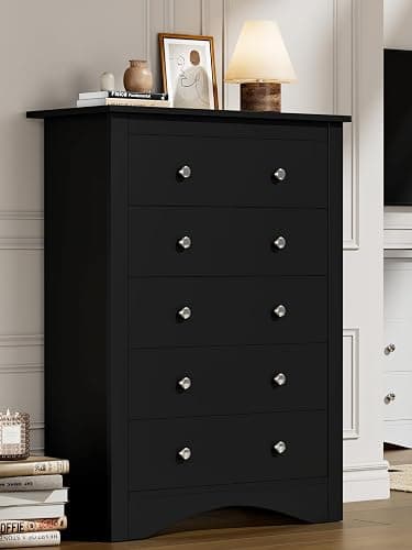 Flamaker Tall Dresser for Bedroom, 5 Drawer Dresser, Wood Dressers, Wide Chest of Drawer, Storage Drawers, Storage Organizer for Closet, Hallway (Black) - Image 1