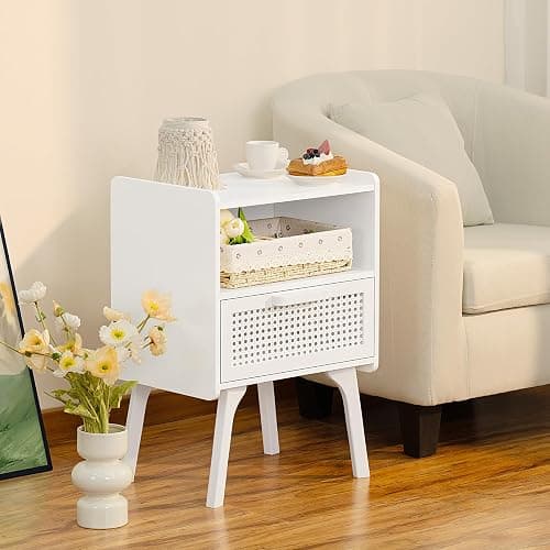 Lerliuo Rattan Nightstand, Side Table with Drawer Open Shelf, Cane Accent Bedside End Table with Solid Wood Legs, Mid Century Modern Night Stand for Bedroom, Dorm and Small Spaces (White) thumbnail 5