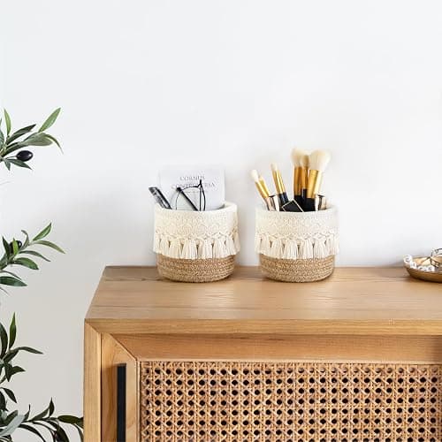 Mkono Macrame Makeup Brush Holder, Boho Mini Storage Basket Set of 2 | X-Small 3.9"W x 3.9"H, Yellow and White, Comb Pens Tiny Succulents Holder, Bedroom Vanity Living Room Bathroom Dorm Office thumbnail 4