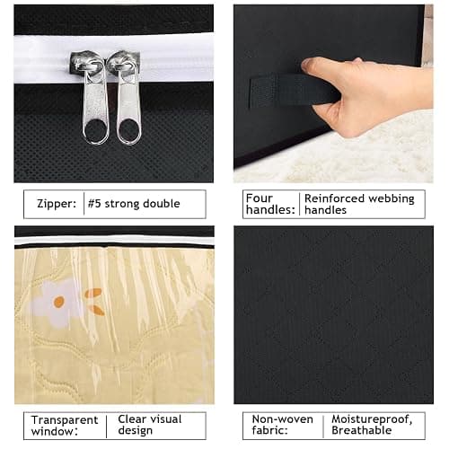 Budding Joy 90L Under Bed Storage Containers, Closet Organizers and Storage Bins, Foldable Underbed Storage Bags for Blankets, Towels, Comforter, Sweaters, Pillows, Linen Sheets, Wrapping Paper，Black thumbnail 5