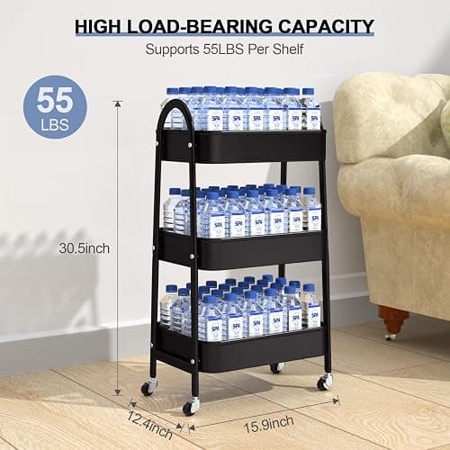 EAGMAK 3 Tier Utility Rolling Cart, Metal Storage Cart with Handle and Lockable Wheels, Multifunctional Storage Organizer Trolley with Mesh Baskets for Kitchen, Living Room, Office, Garage (Black) thumbnail 2