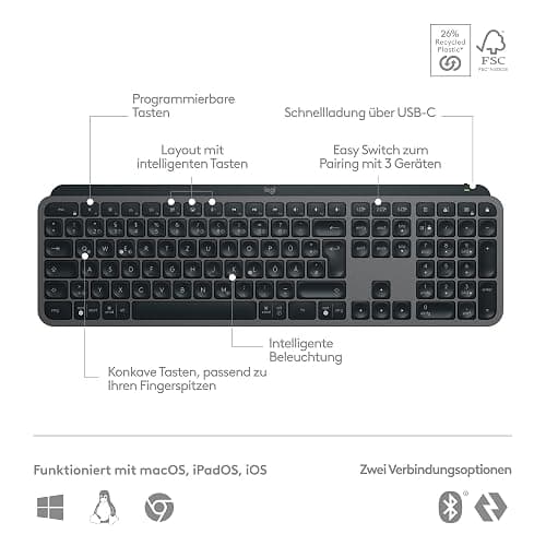 Logitech MX Keys S kabellose Tastatur, Low Profile, Fluid Quiet Typing, Programmable Keys, Backlighting, Bluetooth, USB C Rechargeable, für Windows PC, Linux, Chrome, Mac, Deutsches QWERTZ - Grau thumbnail 6