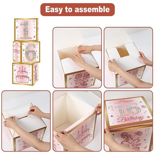 DataMoon 16th Birthday Decorations Boxes for Girls | 3PCS Pink Rose Gold Sweet 16 Birthday Balloons Boxes,Sixteen Year Old Party Supplies for Girls thumbnail 5