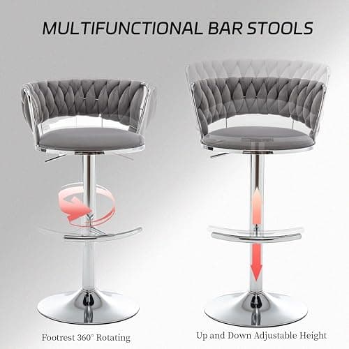 Riknuxi Velvet Bar Stools Set of 4, Counter Height Barstools with Low Back, Swivel Bar Stool for Kitchen Island, Pub (Grey) thumbnail 5