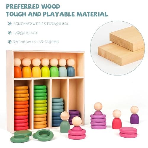 Montessori Toys Wooden Color Sorting Stacking Rings Toy Rainbow Wooden Peg Dolls Counting Toys Circular Building Blocks Stacking Game Preschool Learning Education Fine Motor Skill Toys for Toddlers thumbnail 6