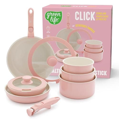 GreenLife 10 Piece Nonstick Pots & Pans Set, Detachable Handle & Stackable Cookware Set, Non Toxic PFAS-Free Skillets, Induction Kitchen Pans, Space Saving, Serving Bowls, Oven Safe, Light Pink - Image 1