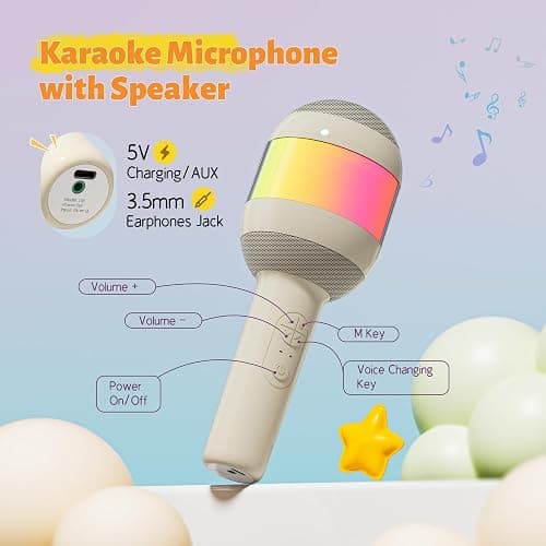 Wireless Karaoke Machine Portable Bluetooth Microphone with LED Light | Best Chritmas Birthday Festival Party Gift for Adults 3 4 5 6 7 8 9 10 11 12+ Year Old Girls Boys Kids (Beige) thumbnail 3