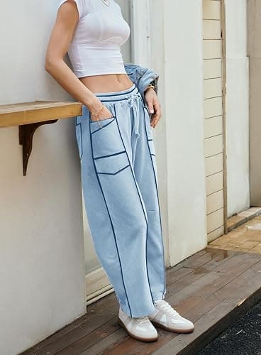 Yanekop Womens Baggy Wide Leg Pants Casual Fall Trousers Palazzo Pants Drawstring Waist Barrel Sweatpants with Pockets thumbnail 4