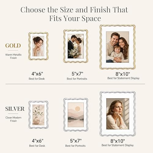 puthiac 4x6 Wavy Picture Frame, Zinc Alloy Gold Frame, Tempered Glass | Decorative wave profile with included 3x5 mat, ideal for wedding photos, anniversaries, portraits, and elegant home décor thumbnail 7