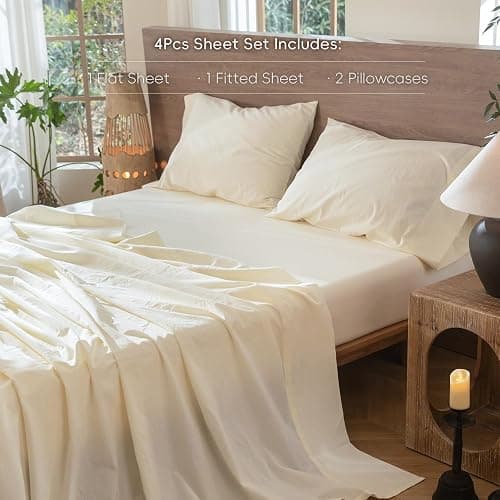 MooMee Bedding Sheet Set 100% Washed Cotton Linen Like Textured Breathable Durable Soft Comfy (Solid Cream White, California King) thumbnail 2