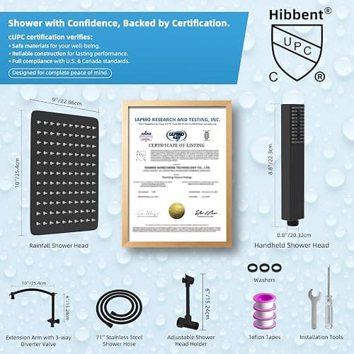 Hibbent All Metal CUPC Certified 10'' Rainfall Shower Head, Dual Shower Head Combo, High Pressure Handheld 4 Sprays Shower Wand, 16'' Adjustable Extension Arm, 71'' Hose, Shower Holder, Matte Black thumbnail 5