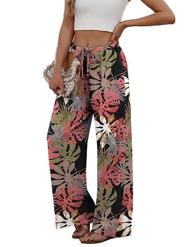 Sampeel Wide Leg Pants for Women Flowy Palazzo Drawstring Elastic Waist Trousers with Pockets Summer Beach Vacation Clothes thumbnail 4